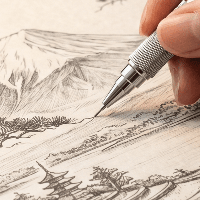 The 0.5mm tip drawing a landscape — the pencil in use