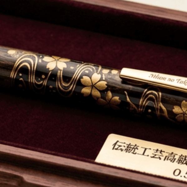 Togidashi maki-e detail — gold sakura on flowing water