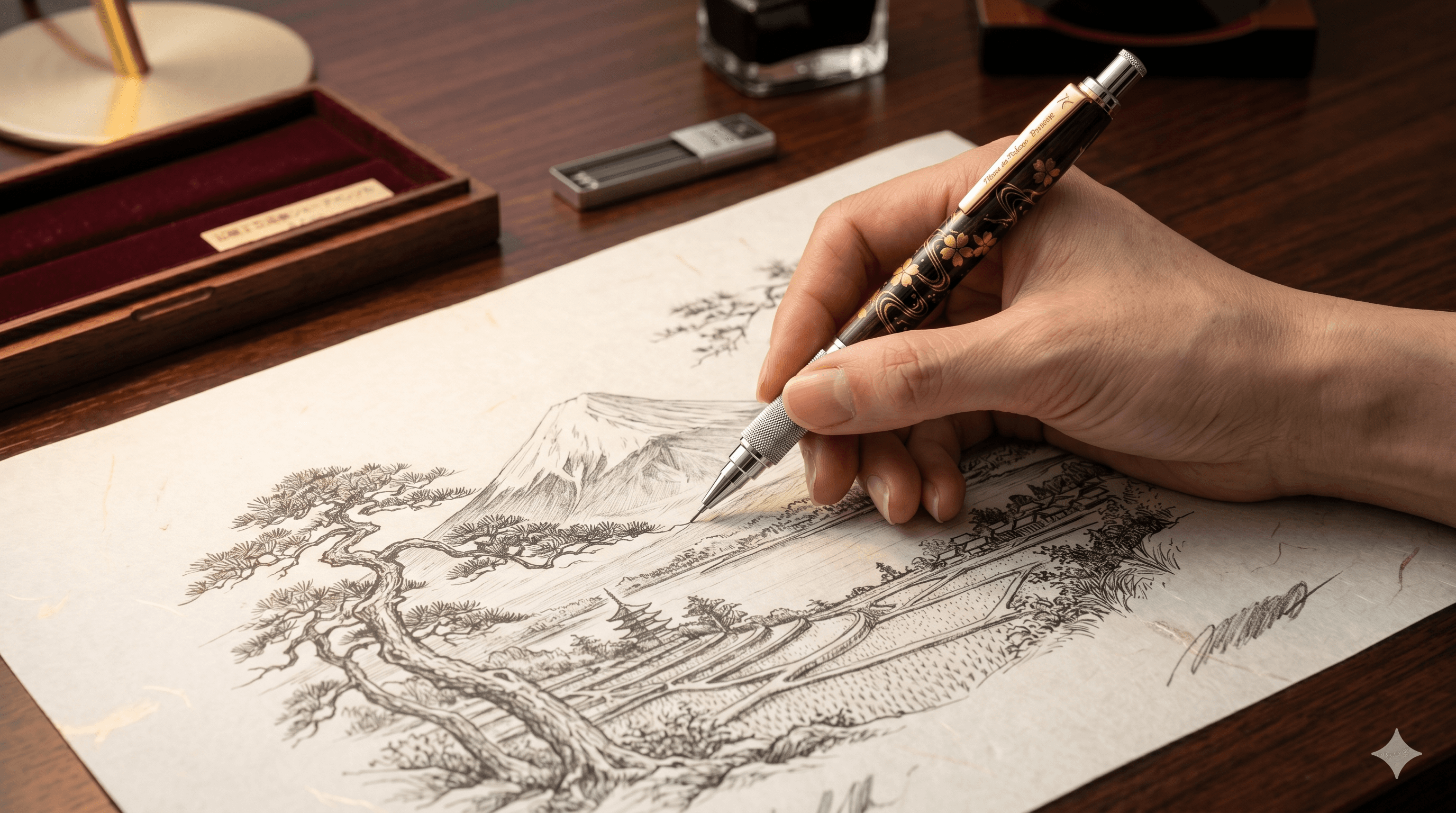 The Maki no Takumi pencil drawing a Mount Fuji landscape on washi paper